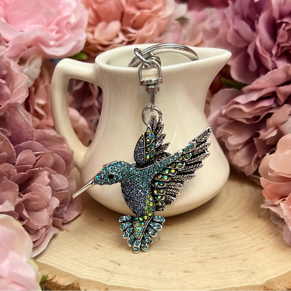 Beautiful Blue Crystal Hummingbird Keychain Charm